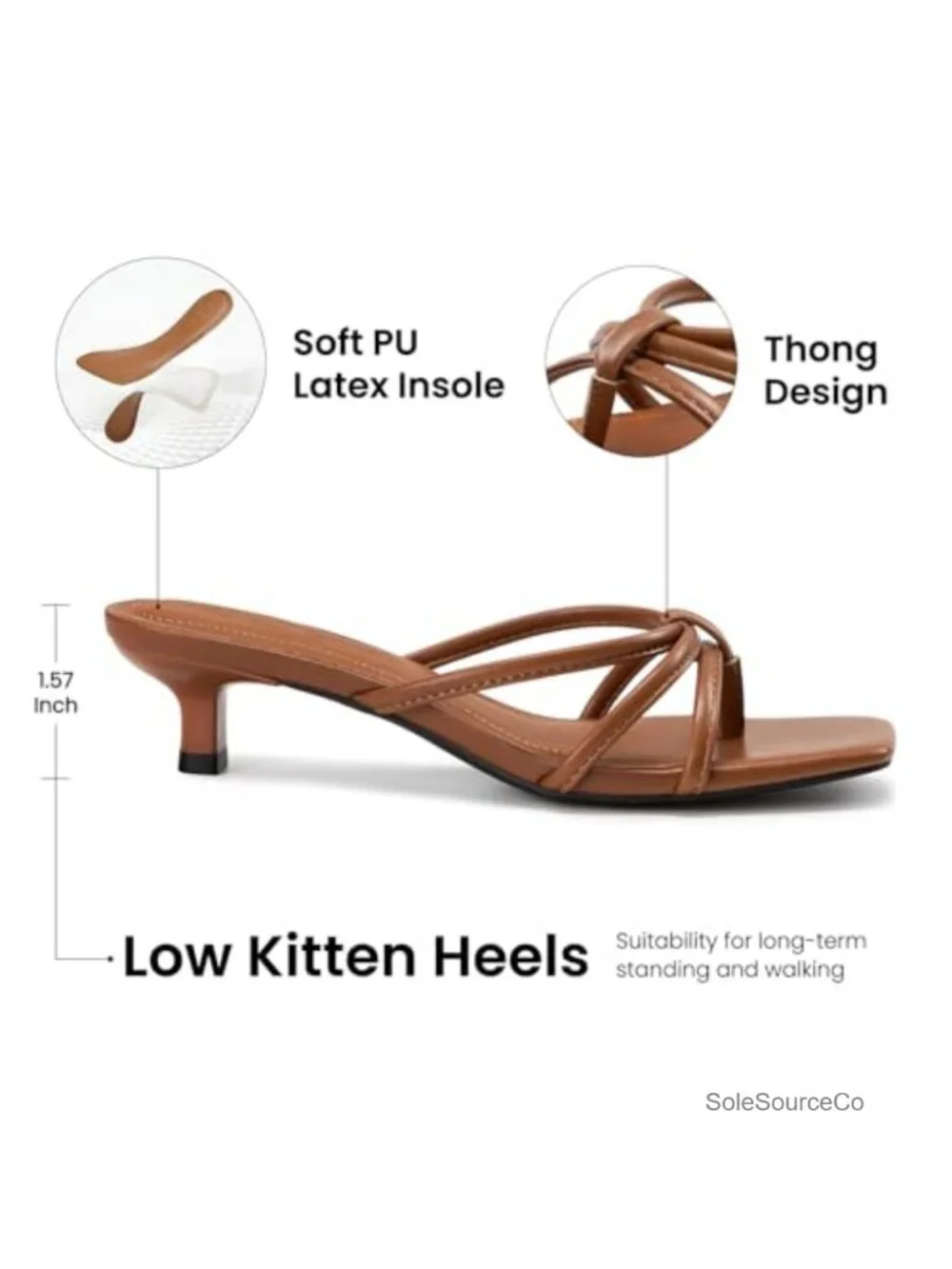 Square Toe Strappy Thong Heeled Sandals Kitten Heels Slip On